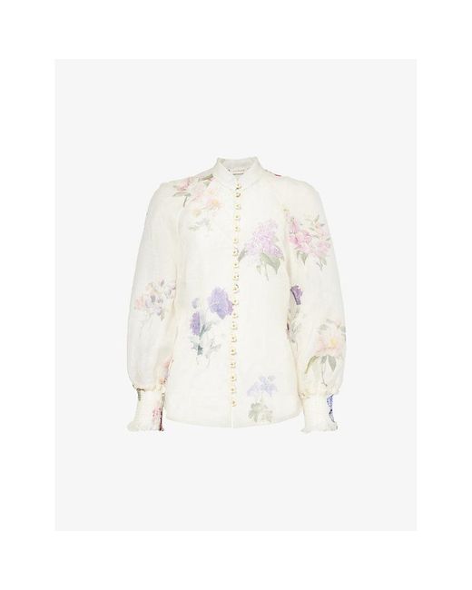 Zimmermann White Botanical Ivory Natura Floral-print Linen And Silk-blend Shirt