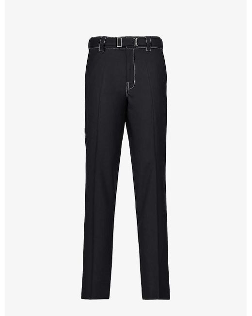 Prada Blue Brand-plaque Drawstring-waistband Straight-leg Slim-fit Wool Trousers for men