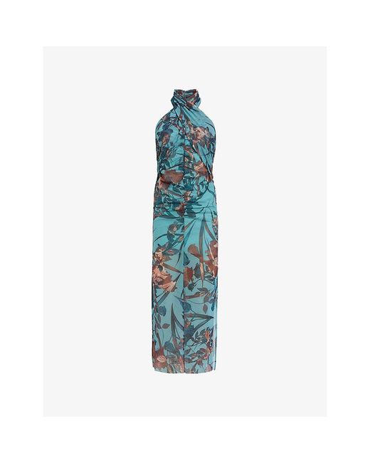 AllSaints Blue Kaih Batu Graphic-print Tie-neck Stretch-mesh Midi Dress