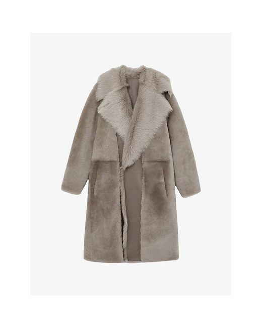 Reiss Brown Elia Notched-Collar Leather And Shearling Coat