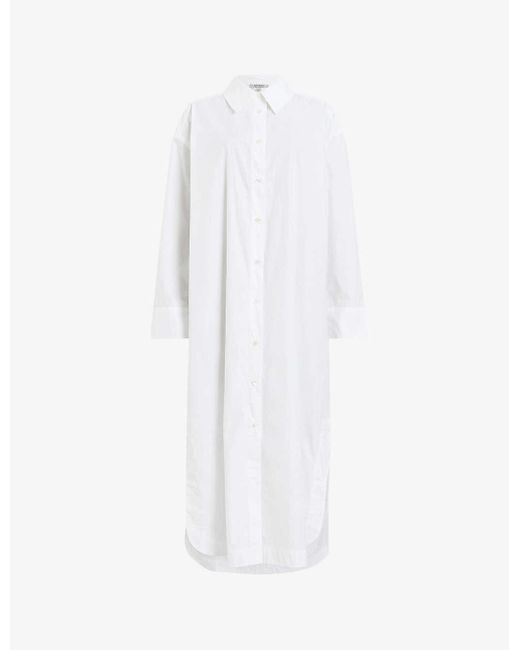 AllSaints White Imogen Relaxed-fit Long-sleeve Organic-cotton Maxi Shirt Dress