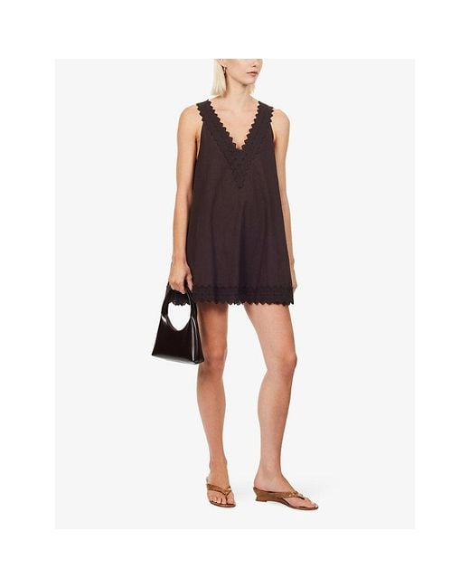 Dissh Brown Annabel Lace-Trim Cotton-Blend Mini Dress