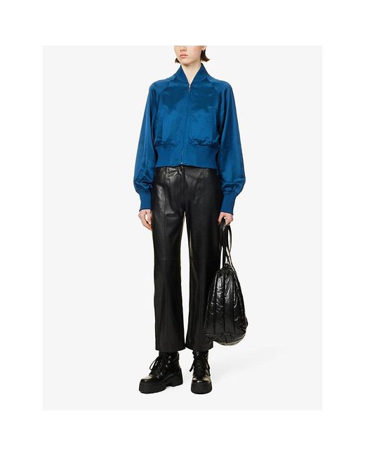 Marc O'polo Balloon-sleeved Cropped Satin Bomber Jacket in Blue | Lyst