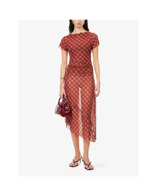 House Of Sunny Red Retro Check Asymmetric Stretch-Woven Midi Skirt