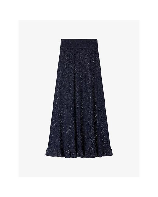 Sandro Blue Flared Rhinestone-Knit Maxi Skirt