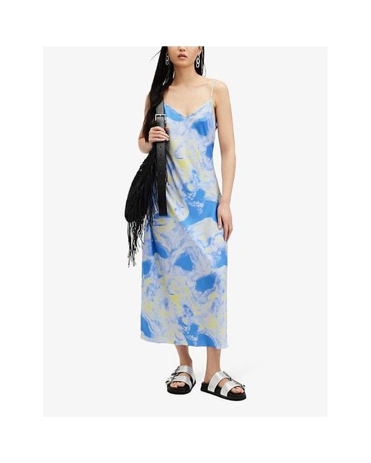 AllSaints Blue Bryony Graphic-print Woven Midi Slip Dress