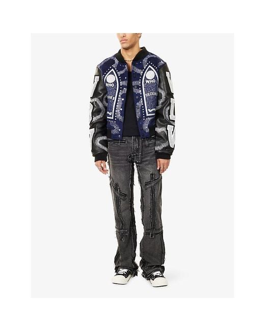 Who Decides War Blue Hardware Embellished Woven Varsity Jacket for men