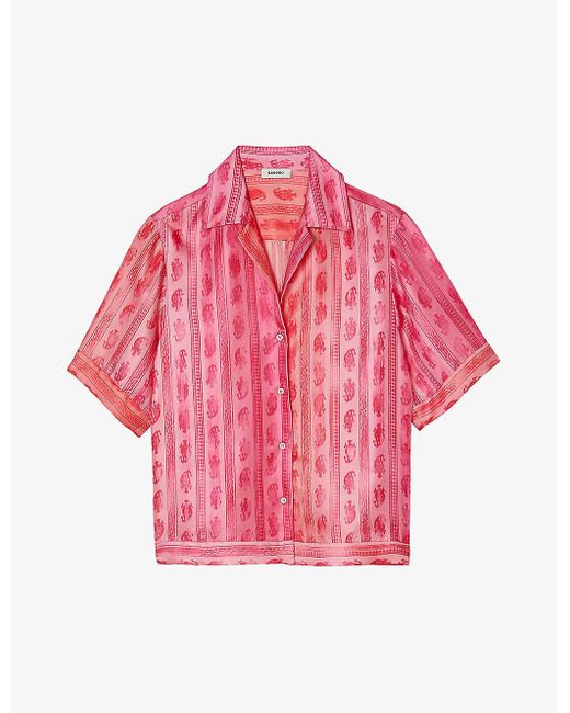 Sandro Pink Paisley-print Cropped Silk Shirt