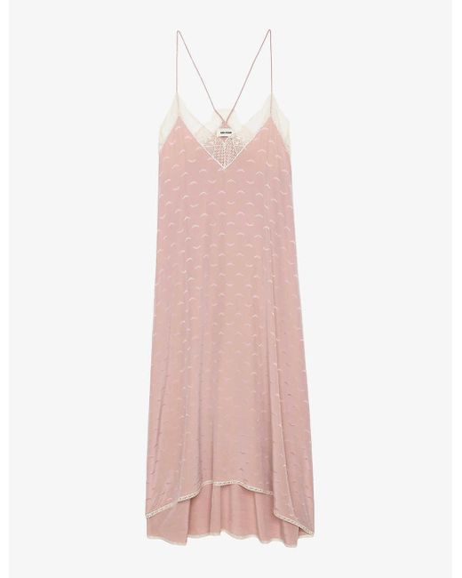 Zadig & Voltaire Pink Risty Jacquard-print Lace-embroidered Silk Midi Dress