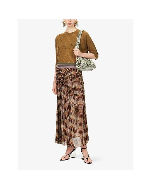 Dries Van Noten Brown Suma Check-Pattern Woven Midi Skirt