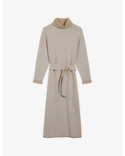 Ted Baker Natural Roll-neck Belted Knitted Midi Dress