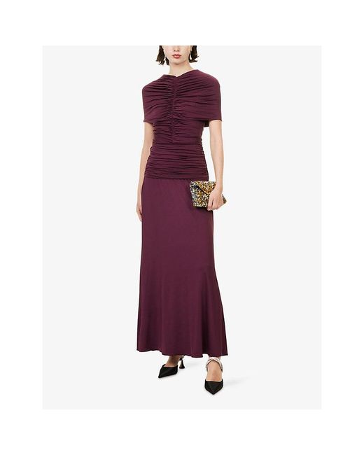 Self-Portrait Purple Caped-Sleeve Gathered Jersey Maxi Dress