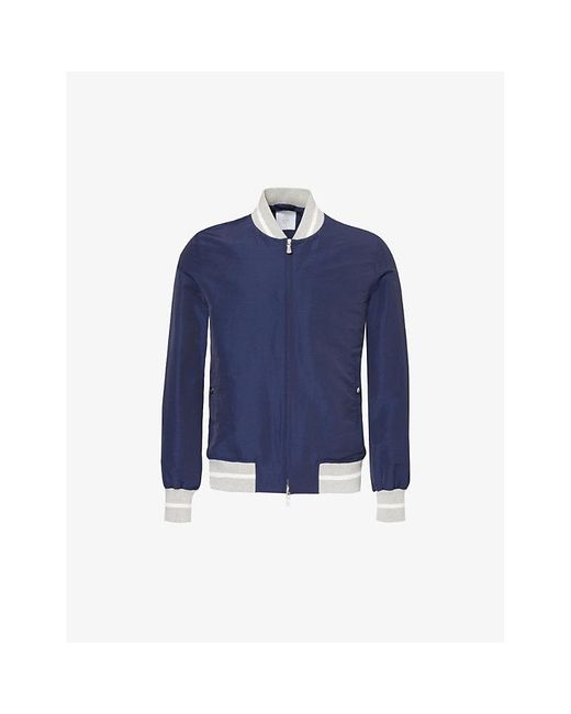 Eleventy Blue Stand-collar Ribbed-trim Linen-blend Jacket for men