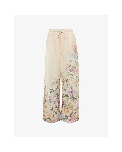 Zimmermann Natural Halliday Floral-print Straight-leg Mid-rise Linen Trousers