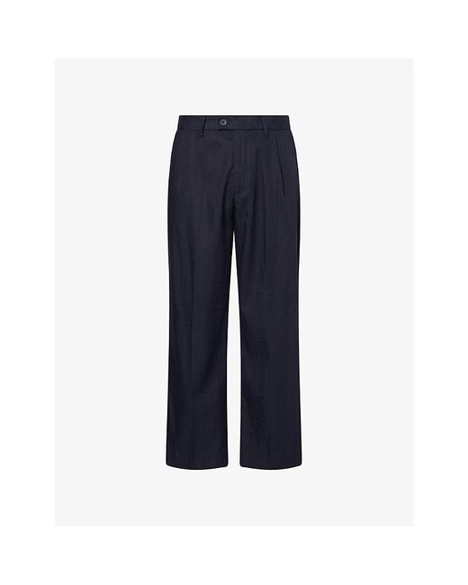 Percival Blue Pressed-Pleat Straight-Leg Cotton-Blend Trousers for men