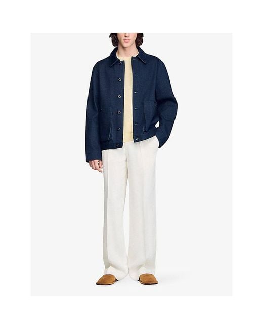 Sandro Blue Collared Patch-Pocket Denim Worker Jacket for men