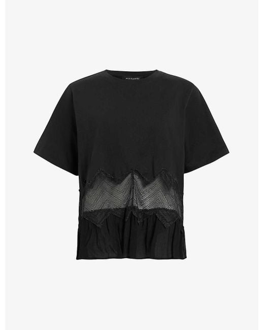 AllSaints Black Gracie Lace-embroidered Relaxed-fit Organic-cotton T-shirt X
