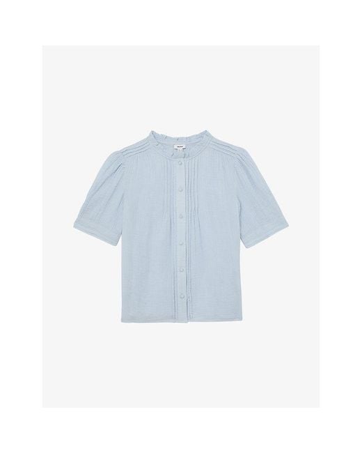 Reiss Blue Aurelia Frill-Neck Cotton-Muslin Top