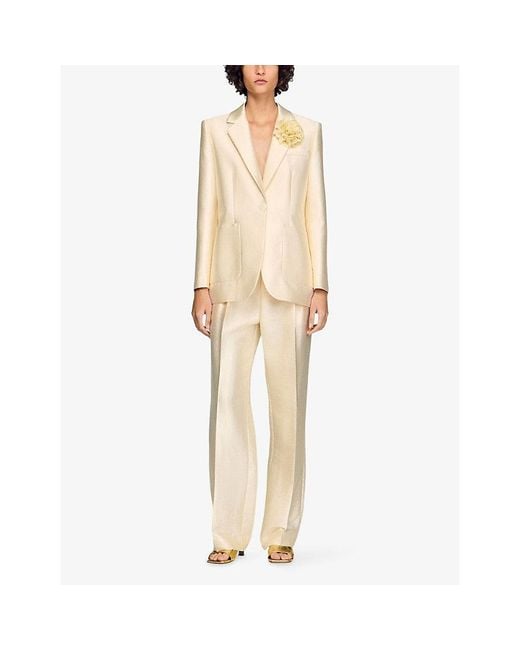Sandro Natural Flower-Embellished Single-Breasted Satin Blazer