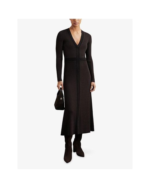 Reiss Black Laura V-Neck Knitted Midi Dress