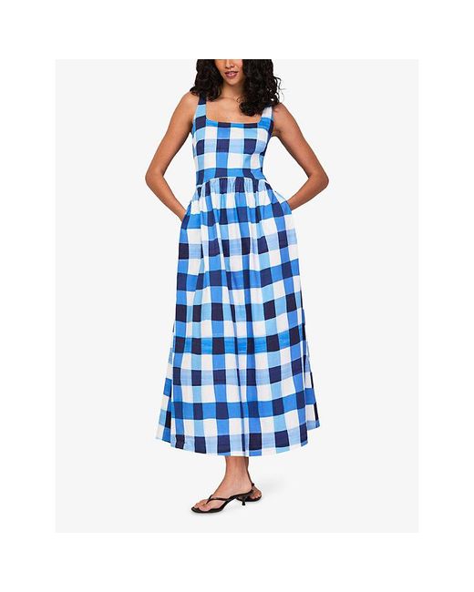 Ro&zo Blue Raya Gingham-Print Stretch-Cotton Maxi Dress