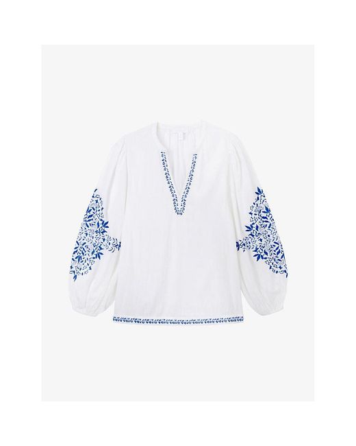 The White Company Blue Embroidered V-neck Organic-cotton Blouse