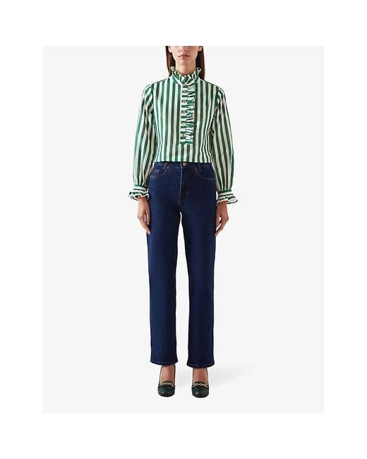 L.K.Bennett Green Camille Stripe-pattern Regular-fit Silk And Cotton-blend Shirt