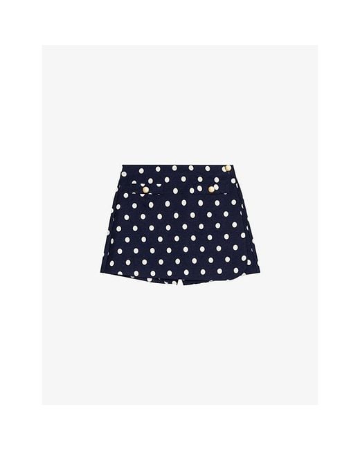 Maje Blue Polka Dot-Pattern Button-Embellished Linen-Blend Skort