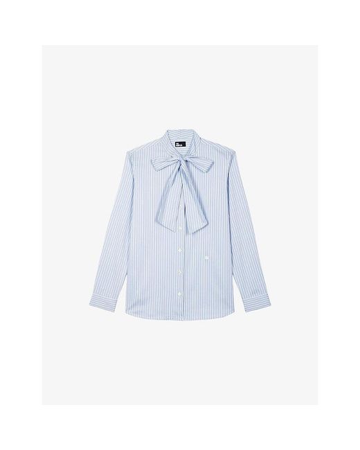 The Kooples Blue Striped Tie-Neck Stretch Cotton-Blend Shirt