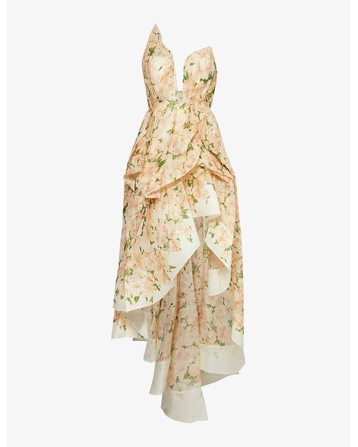 Zimmermann Metallic Asymmetric Floral-pattern Linen And Silk-blend Maxi Dress