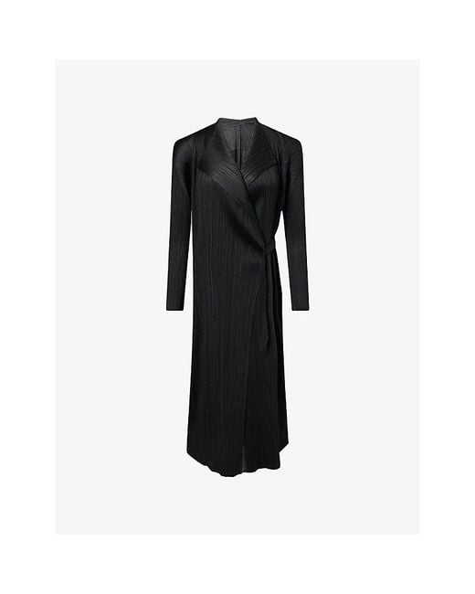 Pleats Please Issey Miyake Black Facade Wrap Knitted Coat