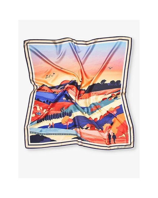Aspinal Blue Graphic-print Branded Silk Scarf