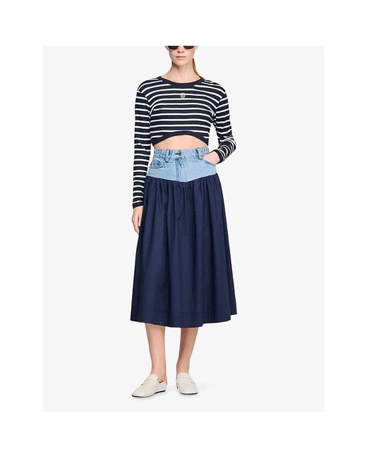 Sandro Blue Denim-Panel Flared Cotton Midi Skirt