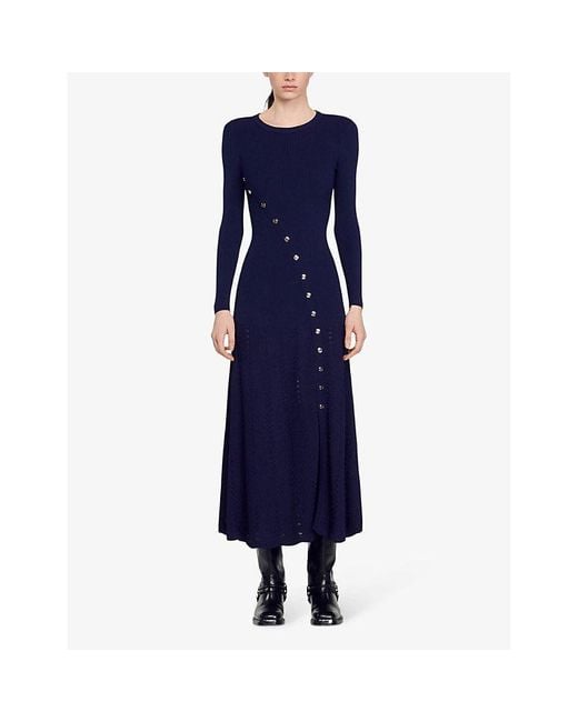 Sandro Blue Button-embellished Knitted Maxi Dress