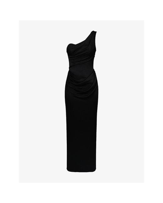 House Of Cb Black Caprice One-Shoulder Satin Maxi Dress Xs (A-C Cup)