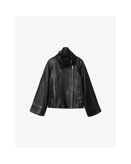 AllSaints Black Rhodes Funnel-Neck Relaxed-Fit Leather Jacket