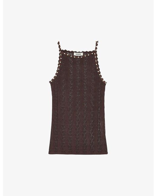 Sandro Purple Bead-embellished Pointelle-stitch Knitted Top