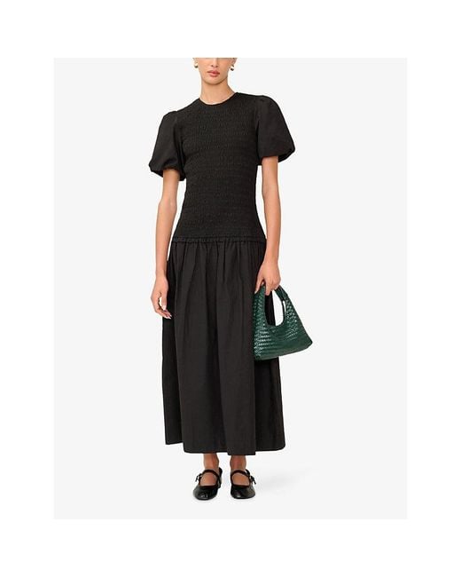 OMNES Black Aria Shirred-Bodice Cotton Midi Dress