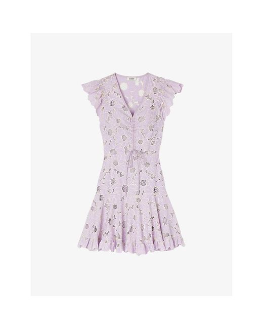 Sandro Purple Floral-lace Ruffle-trim Woven Mini Dress