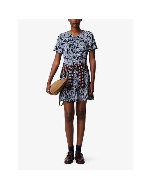 Claudie Pierlot Blue Paisley Short-Sleeved Woven Mini Dress