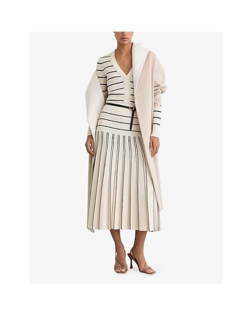 Reiss Natural Alice Stripe Pleated Knitted Midi Skirt