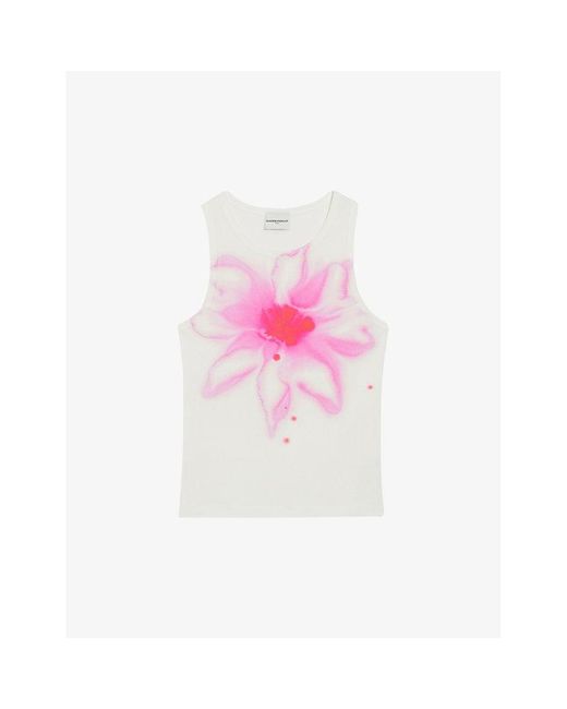 Claudie Pierlot Pink Floral-print Sleeveless Cotton T-shirt