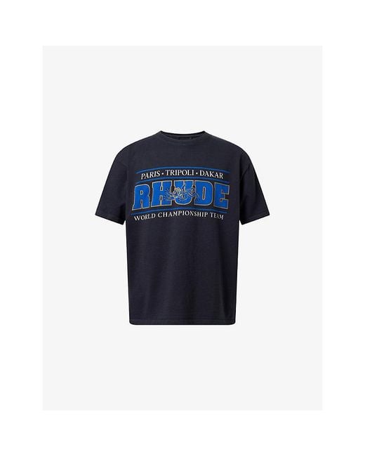 Rhude Blue Graphic-Print Oversized Cotton T-Shirt for men