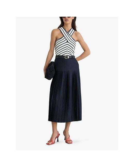 Reiss Blue Savannah Pleated Satin Midi Skirt