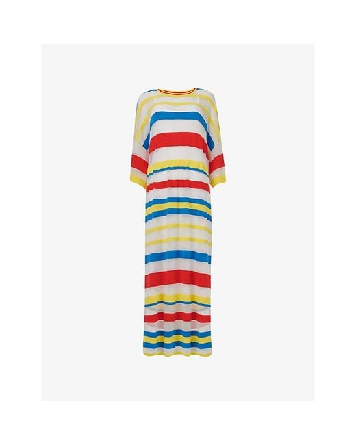 eem Blue Striped Round-Neck Mesh Kaftan