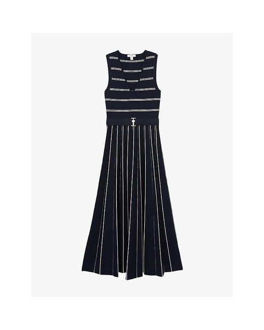 Reiss Blue Mallory V-Neck Striped Stretch-Knit Midi Dress