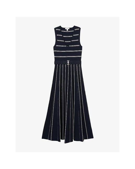 Reiss Blue Mallory V-Neck Striped Stretch-Knit Midi Dress