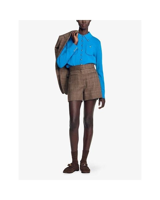 Sandro Brown Checked High-Rise Wool Shorts