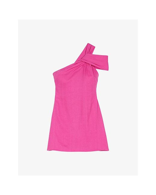 Maje Pink One-shoulder Draped Woven Mini Dress
