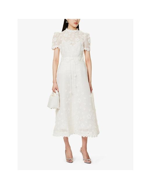 Zimmermann White Lift Off Floral-appliqué Linen-blend Midi Skirt